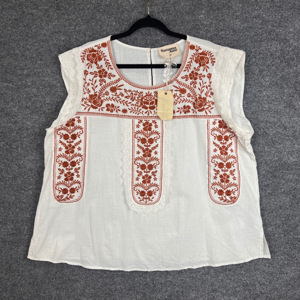 NEW Savanna Jane Embroidered Lace Trim White Cotton Boho Tunic Top Plus Size 1X - Picture 1 of 9